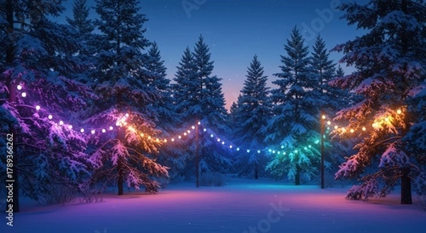 Obraz A winter scene with snow covered trees and colorful christmas lights hanging between the trees at dusk