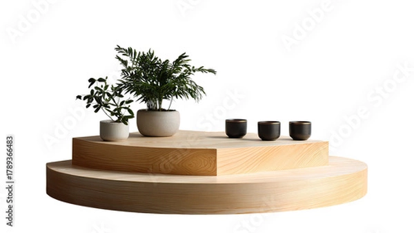 Fototapeta Tiered platform with plants and cups against a dark background