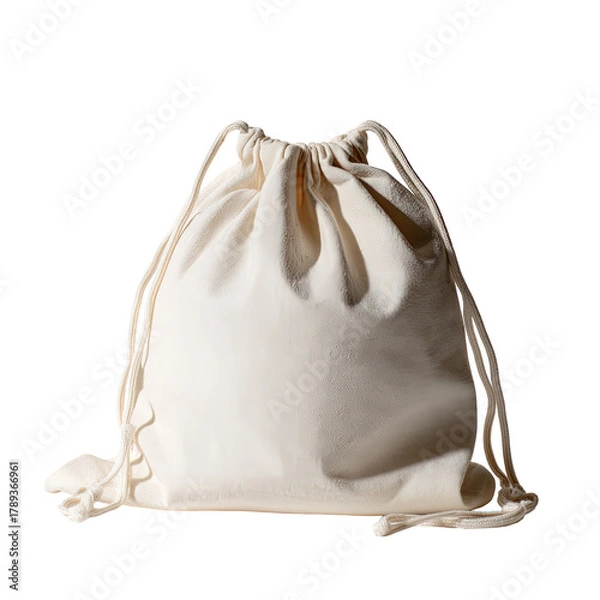 Fototapeta Beige cloth drawstring bag sits shadowed, plain against dark backdrop