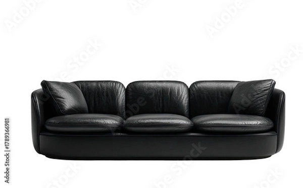 Fototapeta Sleek black leather sofa with plush cushions against a dark backdrop