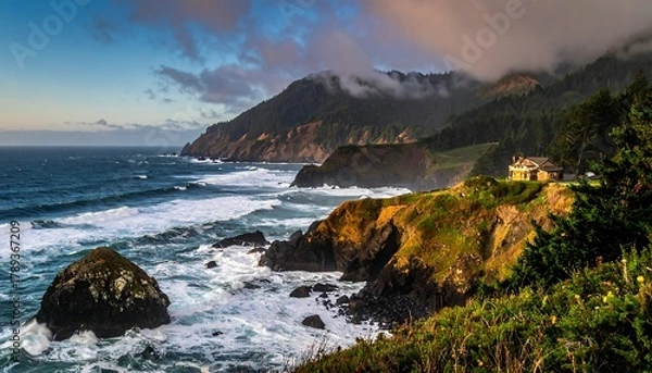 Fototapeta Coastal landscape showcasing rugged cliffs, crashing waves, and a small building under partly cloudy skies. The ocean stretches into the horizon