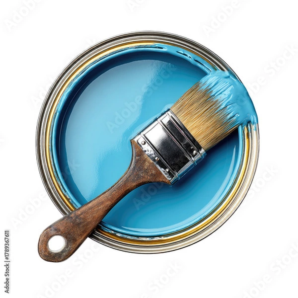 Fototapeta Paint can with blue liquid and brush, top view, isolated on black