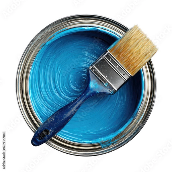 Fototapeta Aerial Blue paint in open can, paintbrush resting across the top