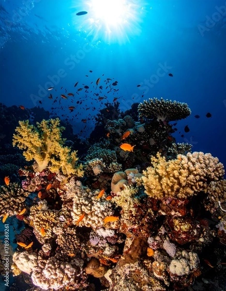 Fototapeta Submerged view showcases vibrant coral reef, small orange fish, & sunlight filtering through the water from above, casting shadows