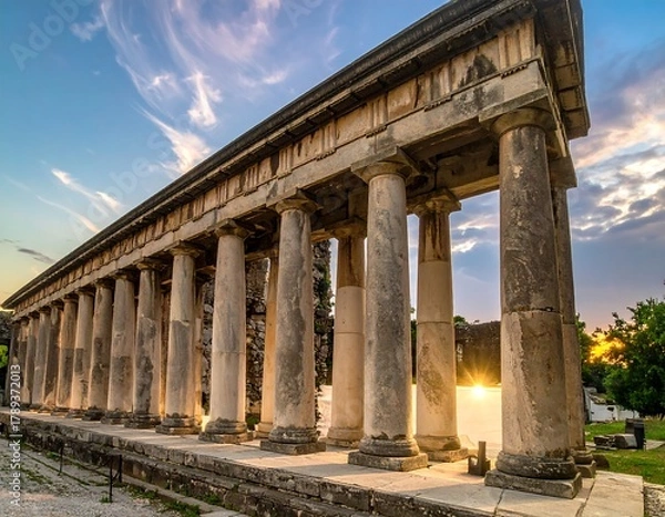 Fototapeta Ancient structure with columns under a beautiful sunset