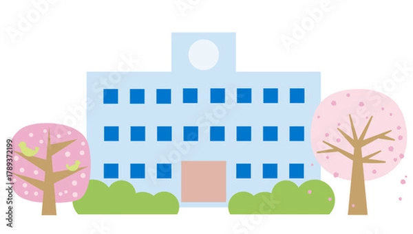 Obraz 校舎の両側に満開の桜がある学校の風景イラスト