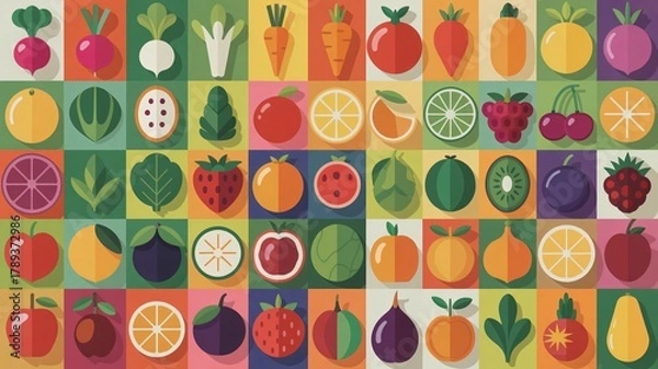 Fototapeta Vibrant geometric pattern of healthy fruits and vegetables for modern designs