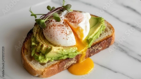 Fototapeta Gourmet Avocado Toast with a Runny Poached Egg and Dripping Yolk on Sourdough Bread