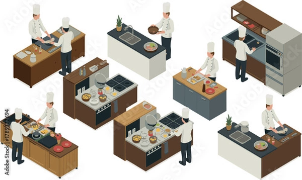 Obraz Isometric illustration of professional chefs cooking in a commercial kitchen, teamwork in food preparation, restaurant culinary workspace design