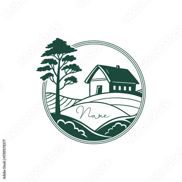 Fototapeta Charming rural landscape logo design with cozy cabin and tree, perfect for branding farm or real estate businesses