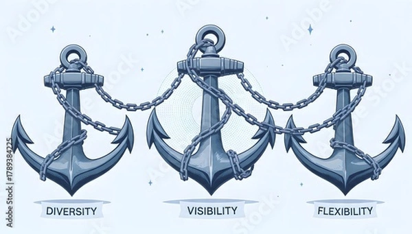 Fototapeta Illustrated trio of anchors linked by chains symbolizing diversity, visibility, and flexibility for inclusive teamwork and organizational resilience