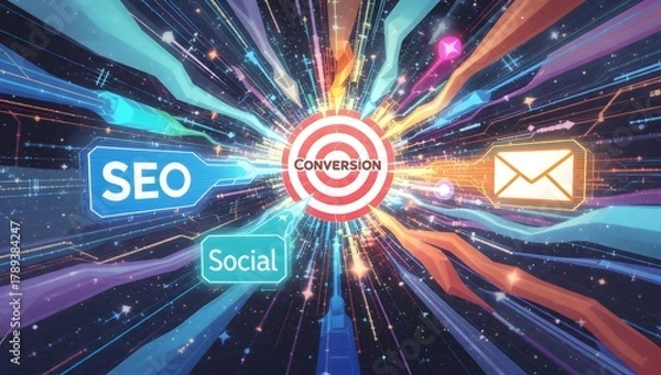 Fototapeta Vibrant digital marketing concept with SEO, social media, and email icons converging toward a central conversion target in a radiant burst
