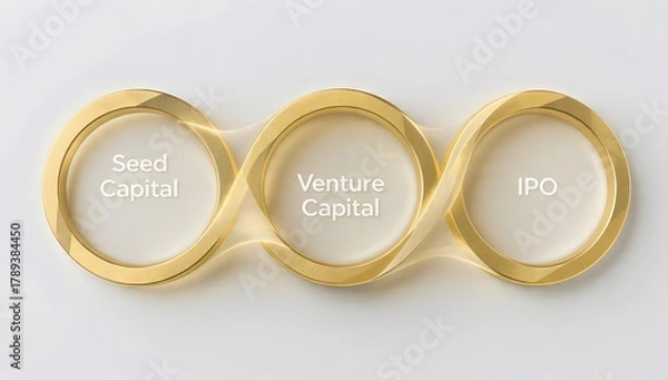 Fototapeta Three interconnected golden rings symbolize startup funding stages from seed capital to venture capital and IPO, illustrating growth