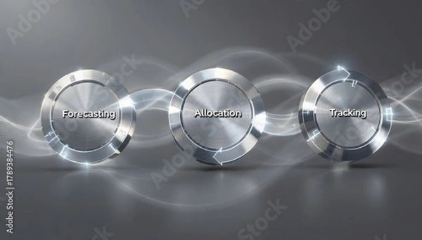 Fototapeta Futuristic data analytics concept with three circular dashboards labeled Forecasting, Allocation and Tracking, illustrating business optimization