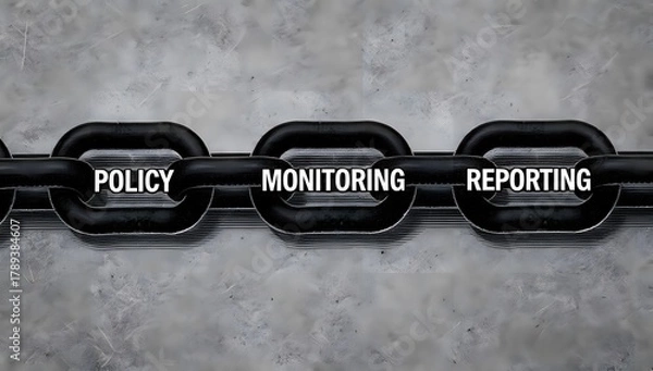 Fototapeta Policy Monitoring and Reporting Chain Symbolizing Governance, Compliance, Risk Management, and Transparent Oversight