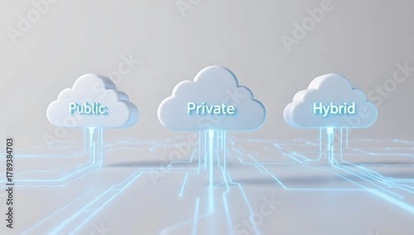 Fototapeta Cloud deployment models concept: public, private, and hybrid clouds interconnected with digital infrastructure and data flow visuals