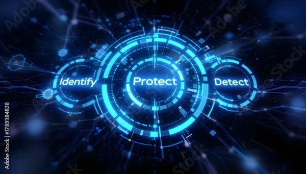 Fototapeta Abstract futuristic cyber security scene with glowing blue HUD rings showing identify, protect, detect for data protection and network security