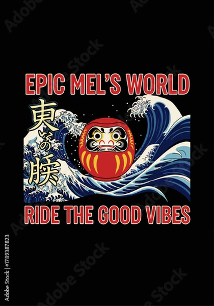 Obraz A vibrant illustration features a traditional red Daruma doll riding a powerful, stylized Japanese ocean wave, embodying good fortune and positive adventure.