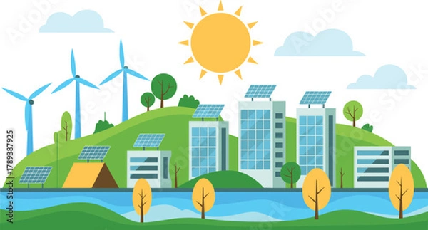 Obraz Sustainable eco city illustration with solar panels, wind turbines, green buildings, renewable energy landscape, clean environment, modern future urban design