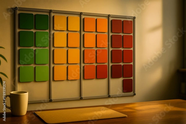 Fototapeta Physical kanban board with color-coded task cards on a wall