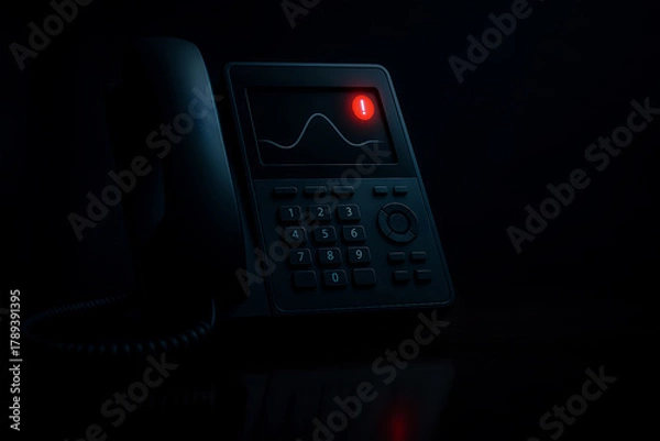Fototapeta Scam call warning on a dark office IP phone