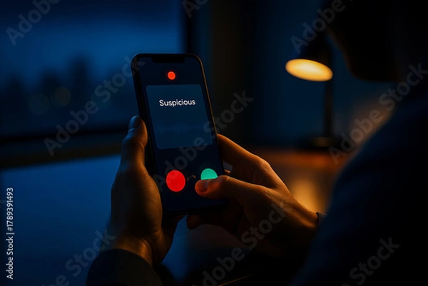 Fototapeta Man receiving a suspicious call on a smartphone at night