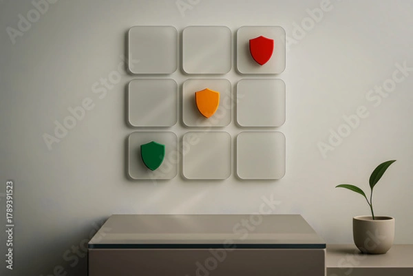 Fototapeta Risk level concept with green, orange, and red shields