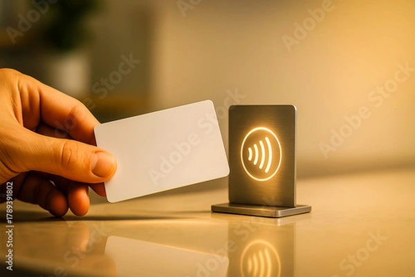 Fototapeta Hand tapping a blank white card to an NFC payment reader