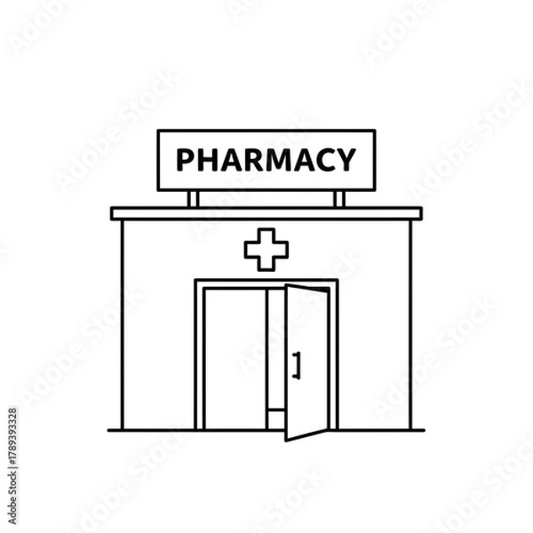 Fototapeta Pharmacy Building Line Art – Vector Illustration of Medical Store with Cross Sign and Glass Doors
