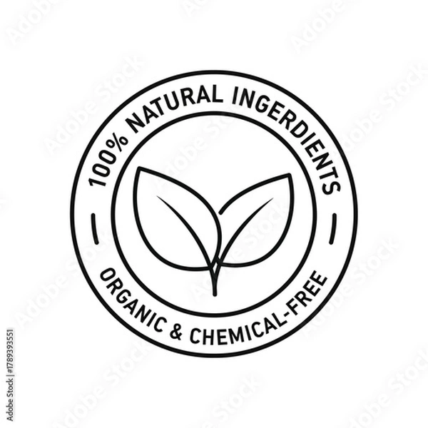 Fototapeta 100% Natural Ingredients Badge – Organic Product Label Vector with Leaf Symbol in Circle