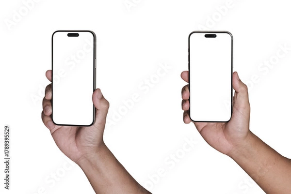 Fototapeta Hand holding the black smartphone Transparent of PNG image with blank screen and modern frameless design - isolated transparent background
