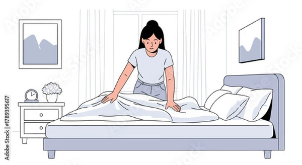 Fototapeta A clean and modern flat design illustration depicting a young woman diligently making her bed as part of her morning routine, emphasizing order and tidiness.