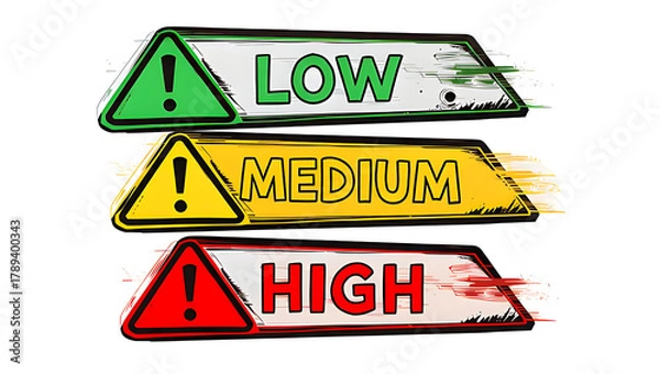 Fototapeta Three hazard signs labeled Low, Medium, and High with exclamation icons, depicting escalating risk levels for safety and warning communication