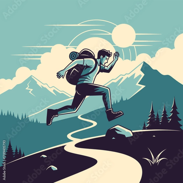 Fototapeta A man with a backpack running on a winding mountain path under a sunny sky, surrounded by trees and peaks.
