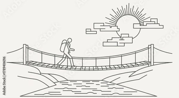 Fototapeta Line art illustration of a hiker crossing a suspension bridge over a river with sun and clouds.