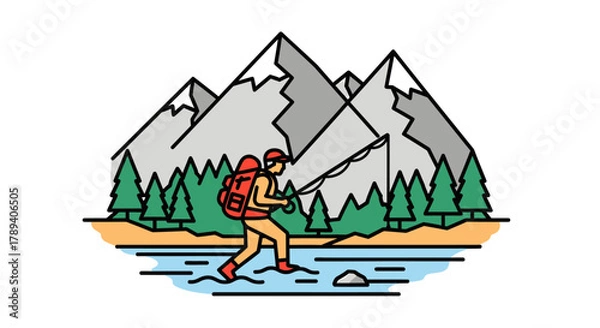 Fototapeta Illustration of a person fishing in a river with mountains and pine trees in the background.
