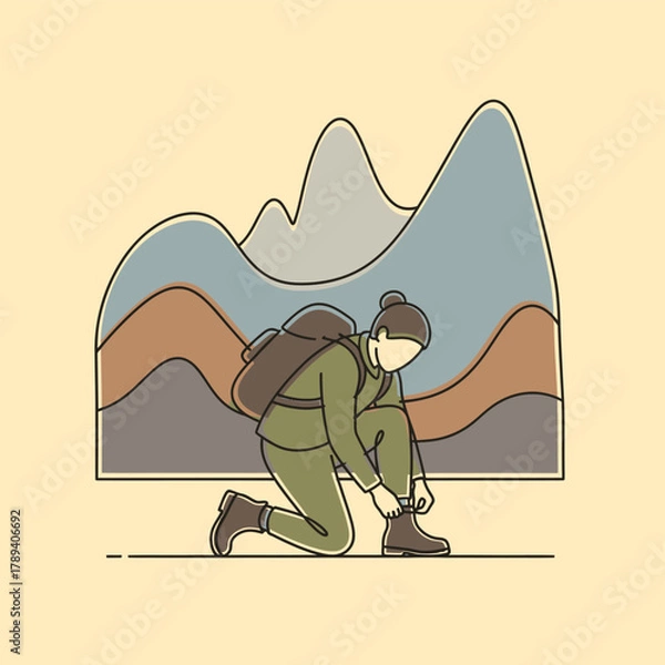 Fototapeta Illustration of a person with a backpack kneeling to tie hiking boots in front of stylized mountains, preparing for an outdoor adventure.