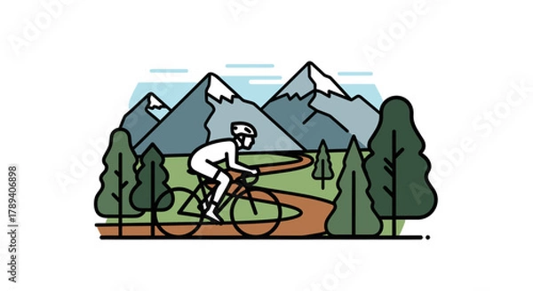Fototapeta A person cycling on a winding dirt path through a forest with large mountains in the background, in a minimalist illustration style.