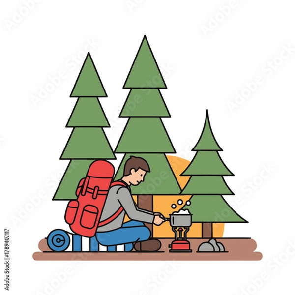 Fototapeta A man camping in a forest, cooking food on a portable stove with a backpack and sleeping mat nearby.