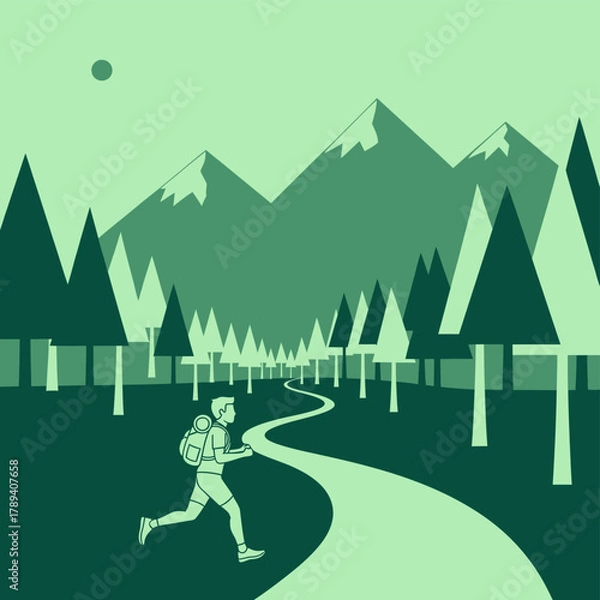 Fototapeta A person running on a winding path through a green forest with mountains in the background under a sun.