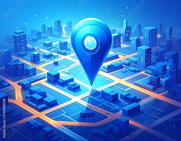 Fototapeta A digital representation of a city grid is illuminated by a radiant blue glow, with a prominent location pin floating above