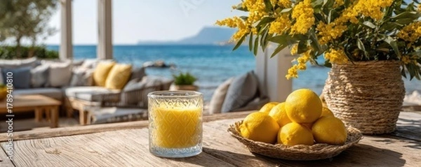Obraz Candle on table under sunny coastal sunlight concept. Refreshing lemon drink alongside vibrant flowers by the sea.
