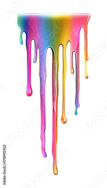 Fototapeta Dripping, colorful paint forming gooey streaks on black backdrop