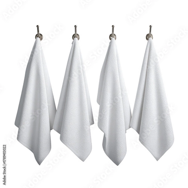 Fototapeta Four crisp white towels hang neatly from wall-mounted hooks