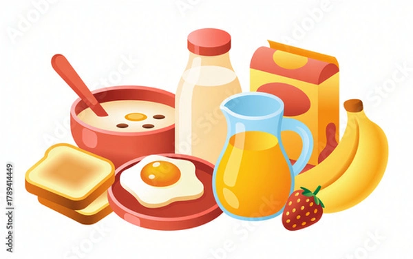 Obraz Cartoon breakfast toast egg cereal milk juice banana strawberry isolated on white background stylized vector illustration