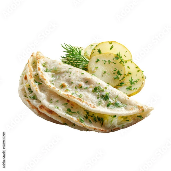 Fototapeta Herb-speckled flatbread with sliced potatoes, dill sprig, on dark backdrop