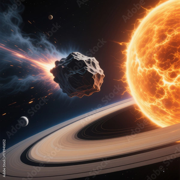 Fototapeta A large comet flies past planets in space.