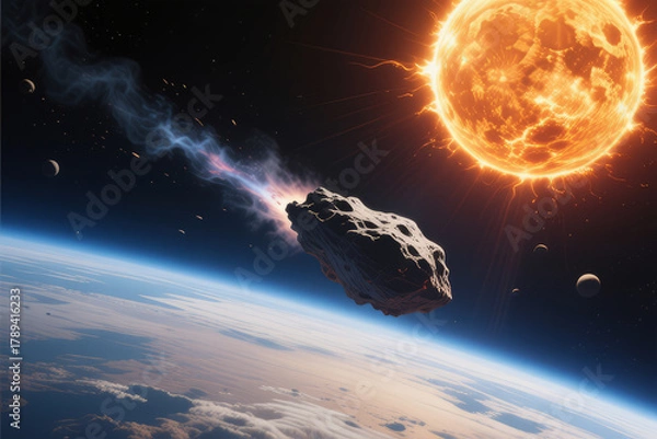 Fototapeta A large comet flies past planets in space.