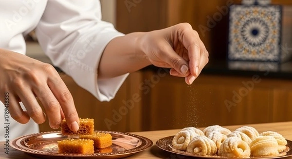 Fototapeta Chef Decorating Traditional Middle Eastern Sweets with Sugar