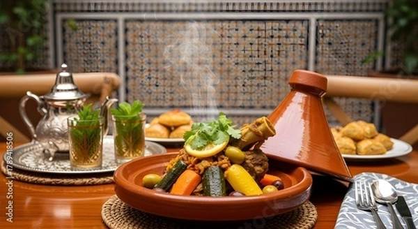 Obraz Authentic Moroccan Tagine with Steaming Mint Tea and Pastries